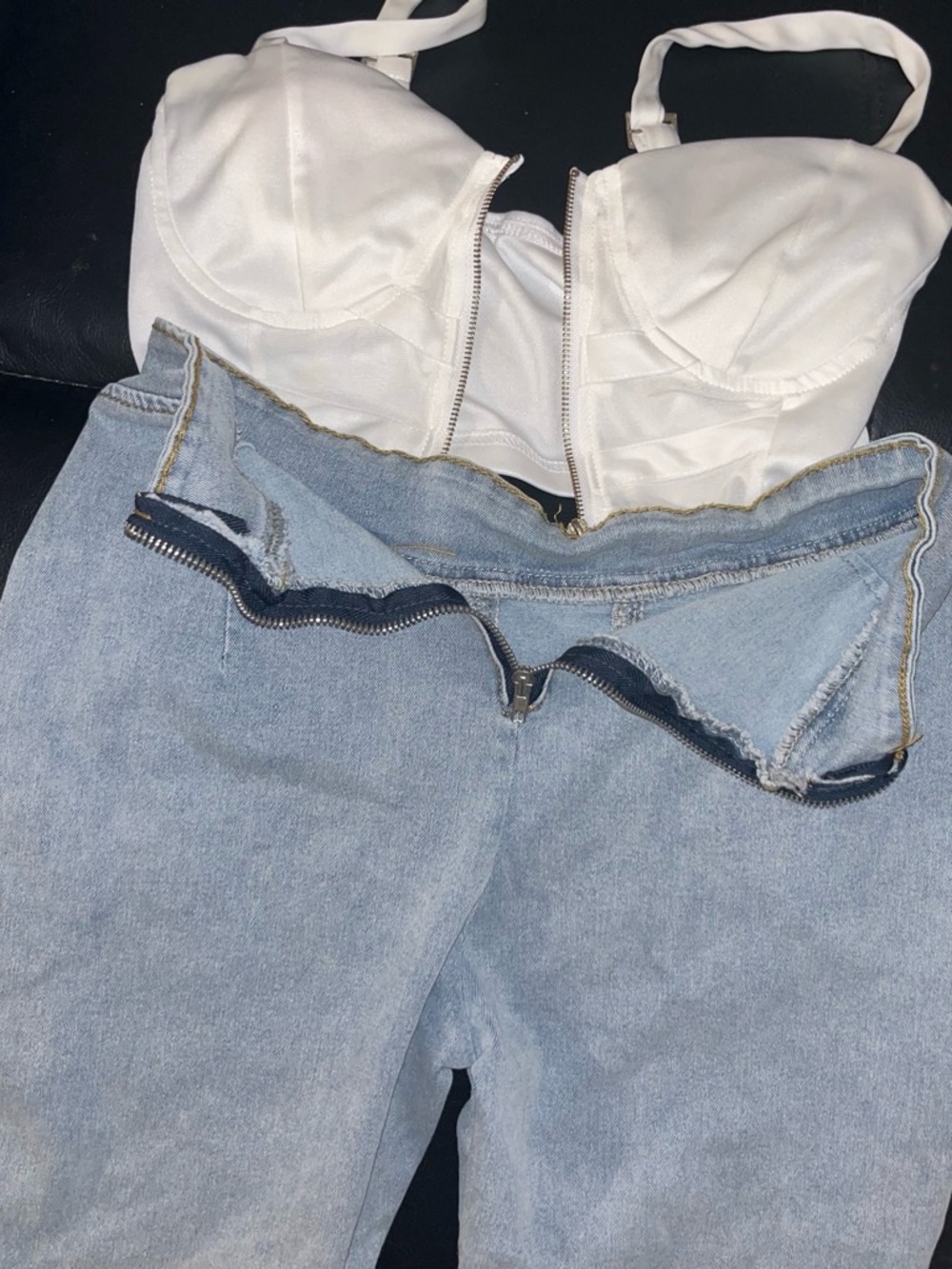 High-Waist Light Blue Women’s Jeans - White Top w/ zipper Styled (Nicky remake)